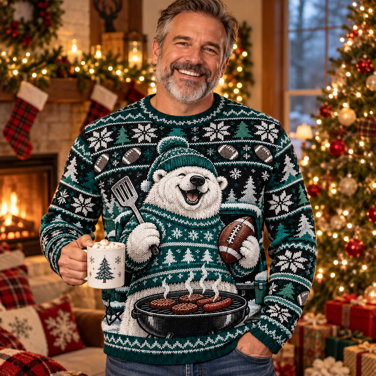 Man wearing the Polar Bear Tailgate football ugly Christmas sweater in a cozy Christmas living room
