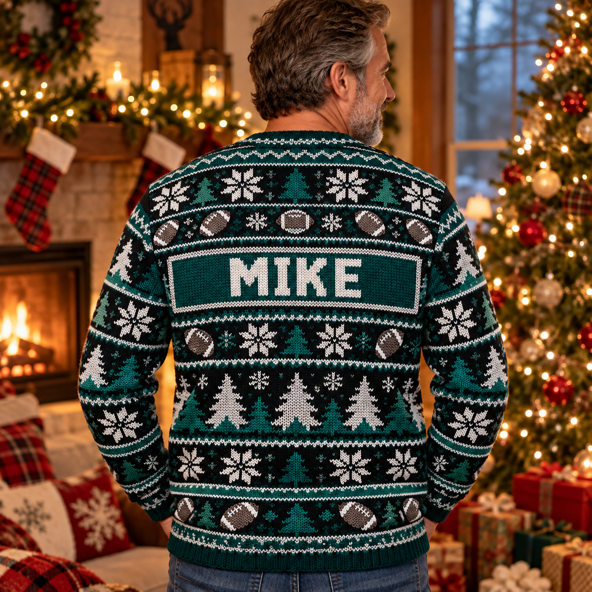 Back view of the Polar Bear Tailgate ugly Christmas sweater with the sample name MIKE on the nameplate