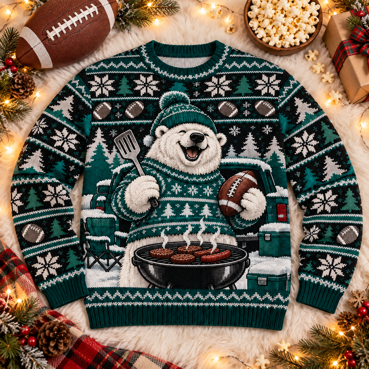 Polar Bear Tailgate football ugly Christmas sweater laid flat on a white faux-fur blanket with a football and popcorn