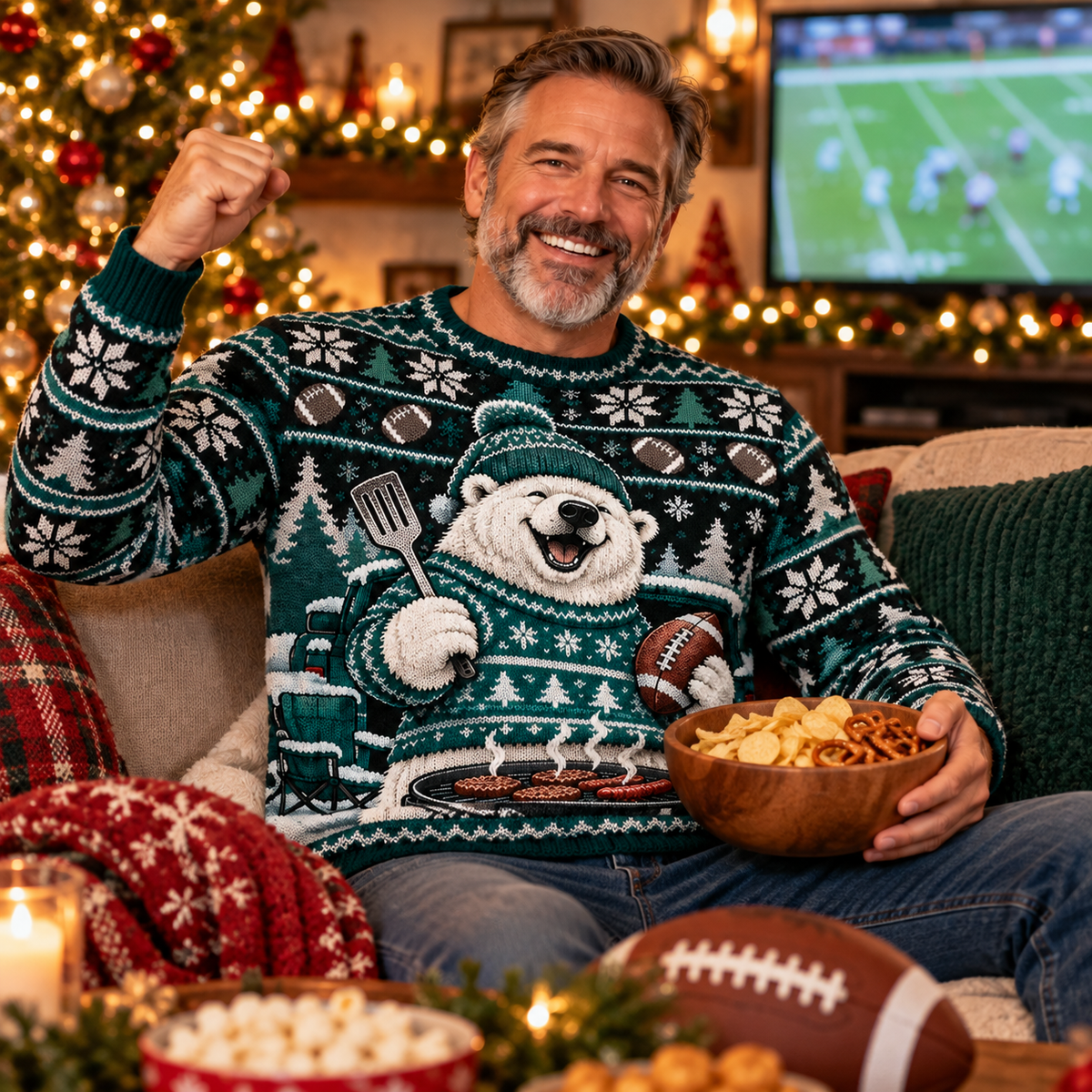 Man wearing the Polar Bear Tailgate sweater at a holiday game-day watch party