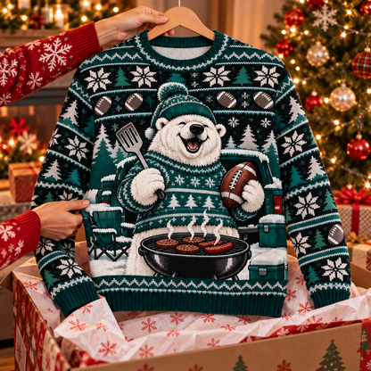 Polar Bear Tailgate ugly Christmas sweater on a wooden hanger above an opened gift box