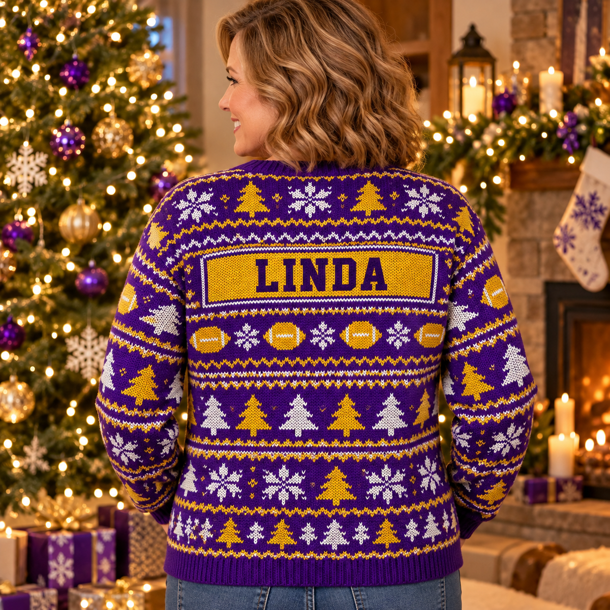 Back view of the Twinkle Moose ugly Christmas sweater with the sample name LINDA on the nameplate