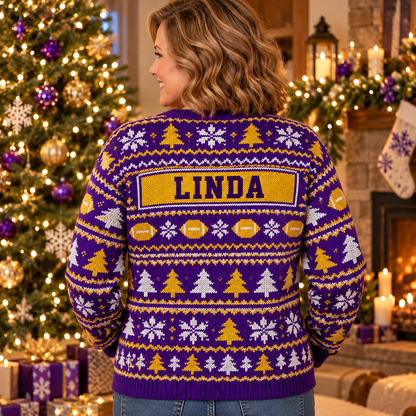Back view of the Twinkle Moose ugly Christmas sweater with the sample name LINDA on the nameplate