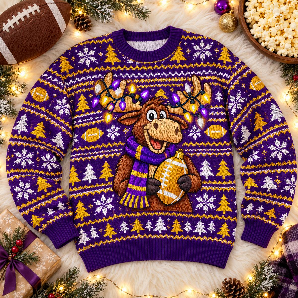 Twinkle Moose football ugly Christmas sweater laid flat on a white faux-fur blanket with a football and popcorn
