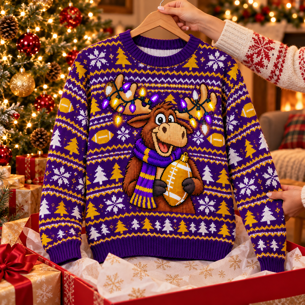 Twinkle Moose ugly Christmas sweater on a wooden hanger above an opened gift box