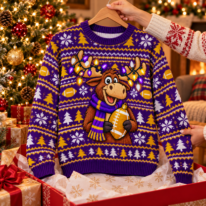 Twinkle Moose ugly Christmas sweater on a wooden hanger above an opened gift box