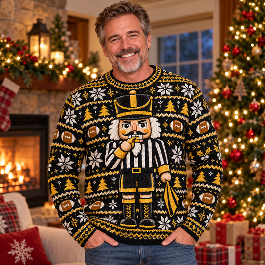 Man wearing the Nutcracker Referee football ugly Christmas sweater in a cozy Christmas living room