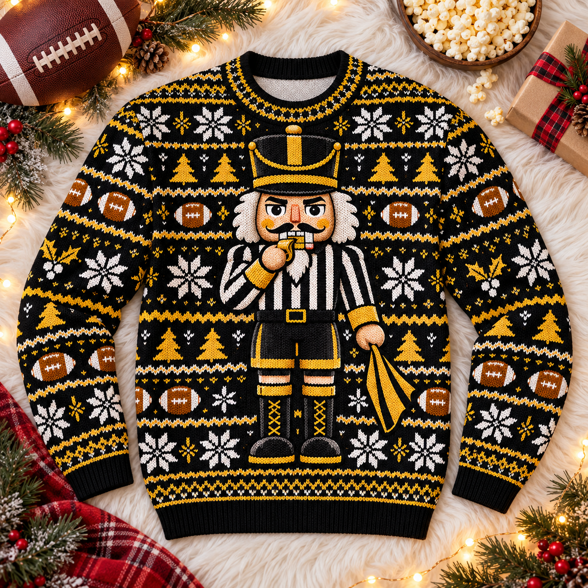 Nutcracker Referee football ugly Christmas sweater laid flat on a white faux-fur blanket with a football and popcorn