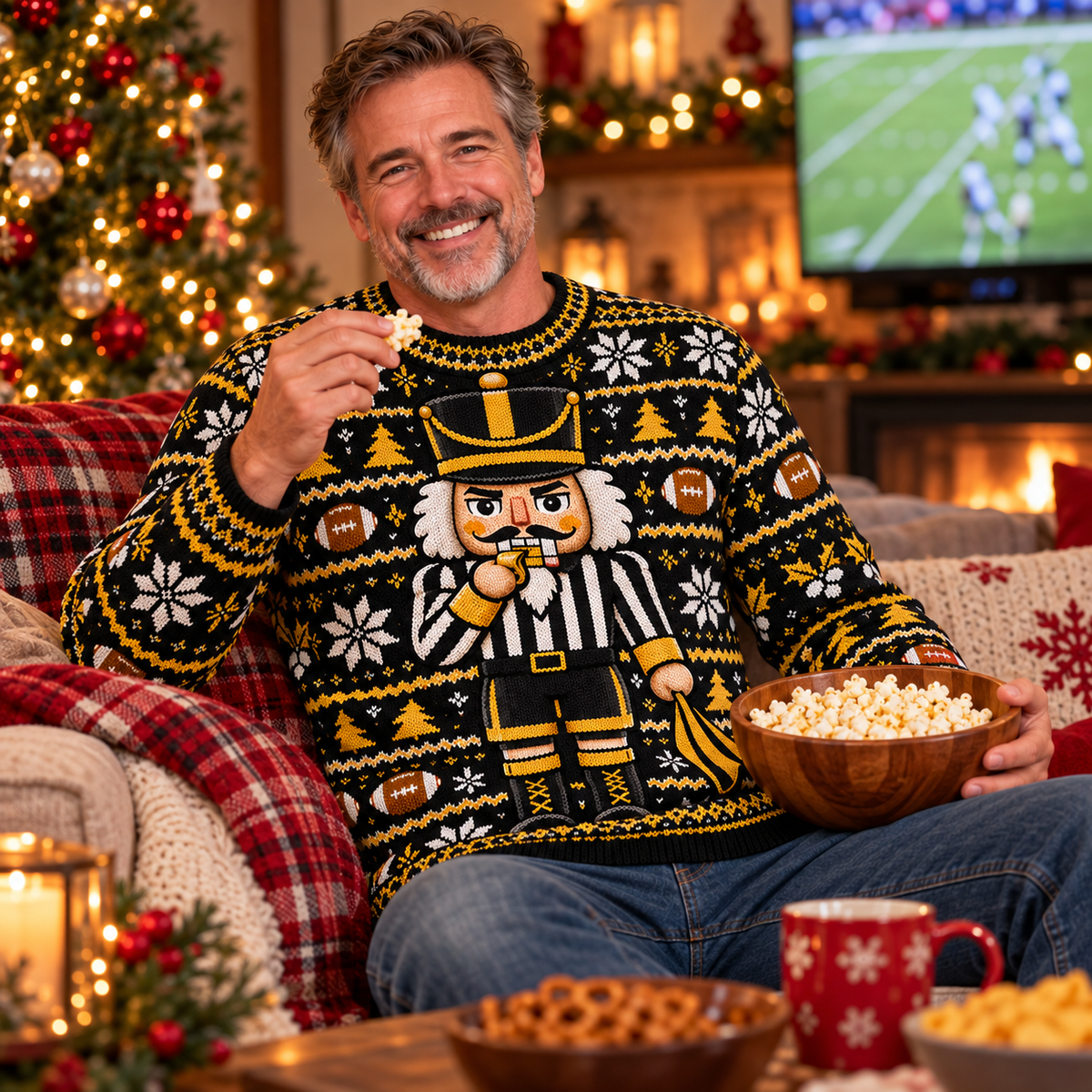 Man wearing the Nutcracker Referee sweater at a holiday game-day watch party