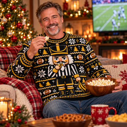 Man wearing the Nutcracker Referee sweater at a holiday game-day watch party
