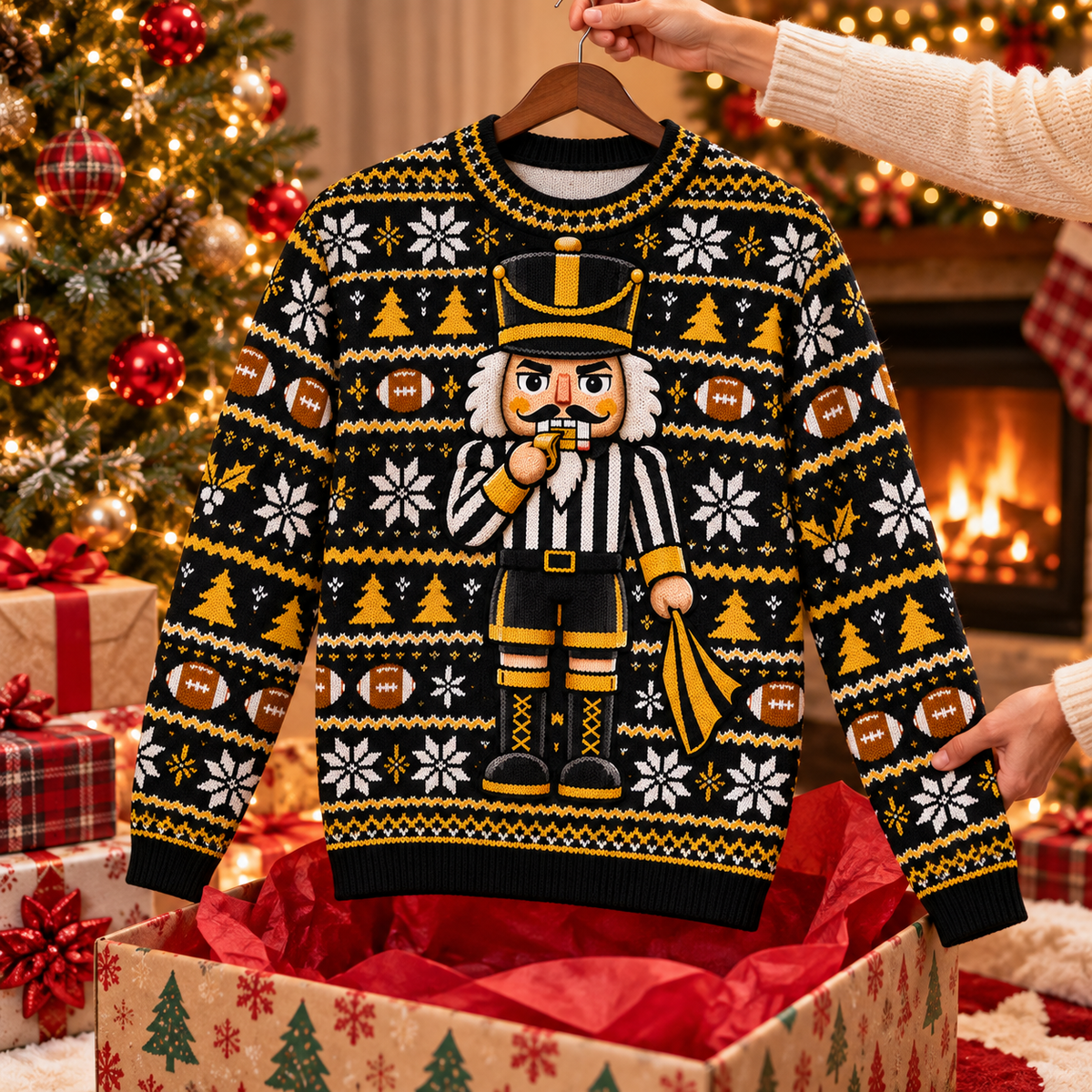 Nutcracker Referee ugly Christmas sweater on a wooden hanger above an opened gift box