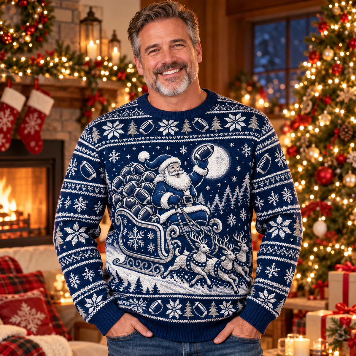 Man wearing the Santa Sleigh Full of Footballs football ugly Christmas sweater in a cozy Christmas living room