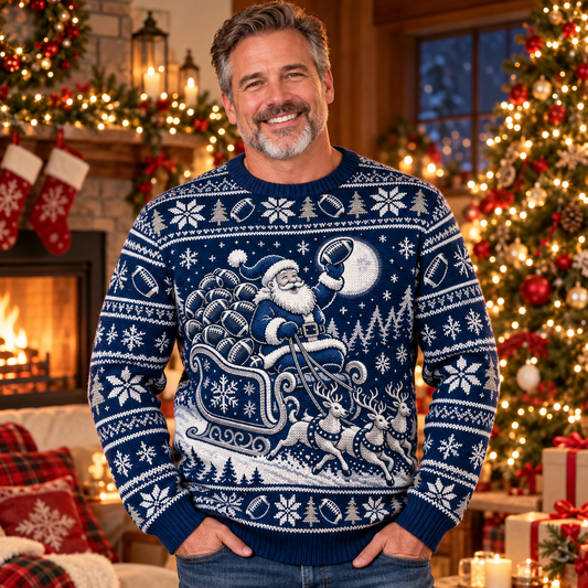 Man wearing the Santa Sleigh Full of Footballs football ugly Christmas sweater in a cozy Christmas living room