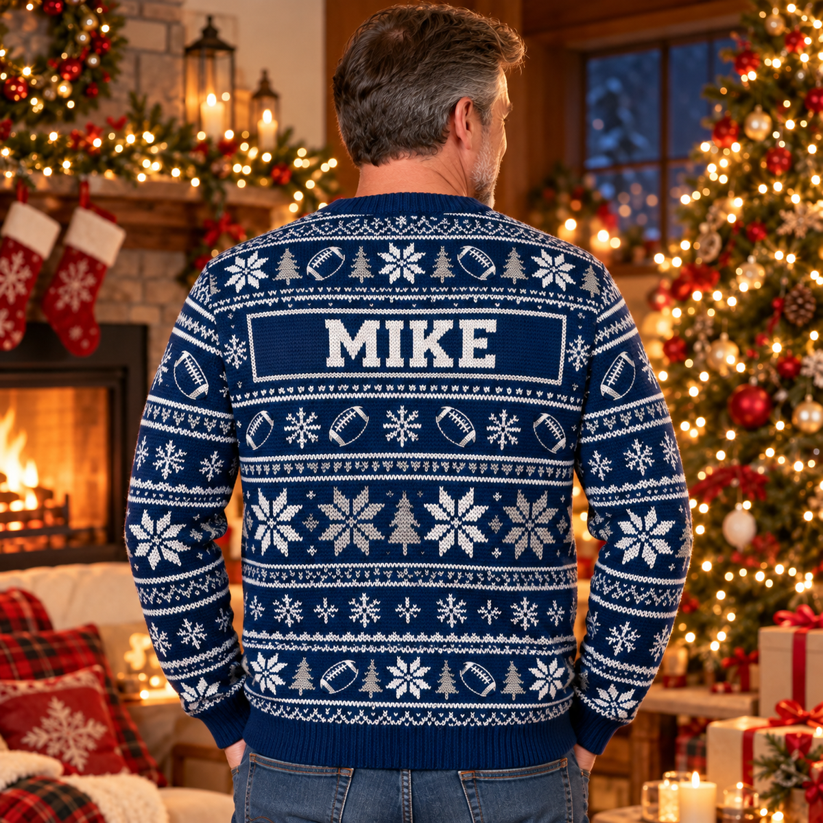 Back view of the Santa Sleigh Full of Footballs ugly Christmas sweater with the sample name MIKE on the nameplate