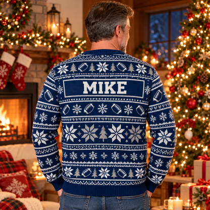 Back view of the Santa Sleigh Full of Footballs ugly Christmas sweater with the sample name MIKE on the nameplate