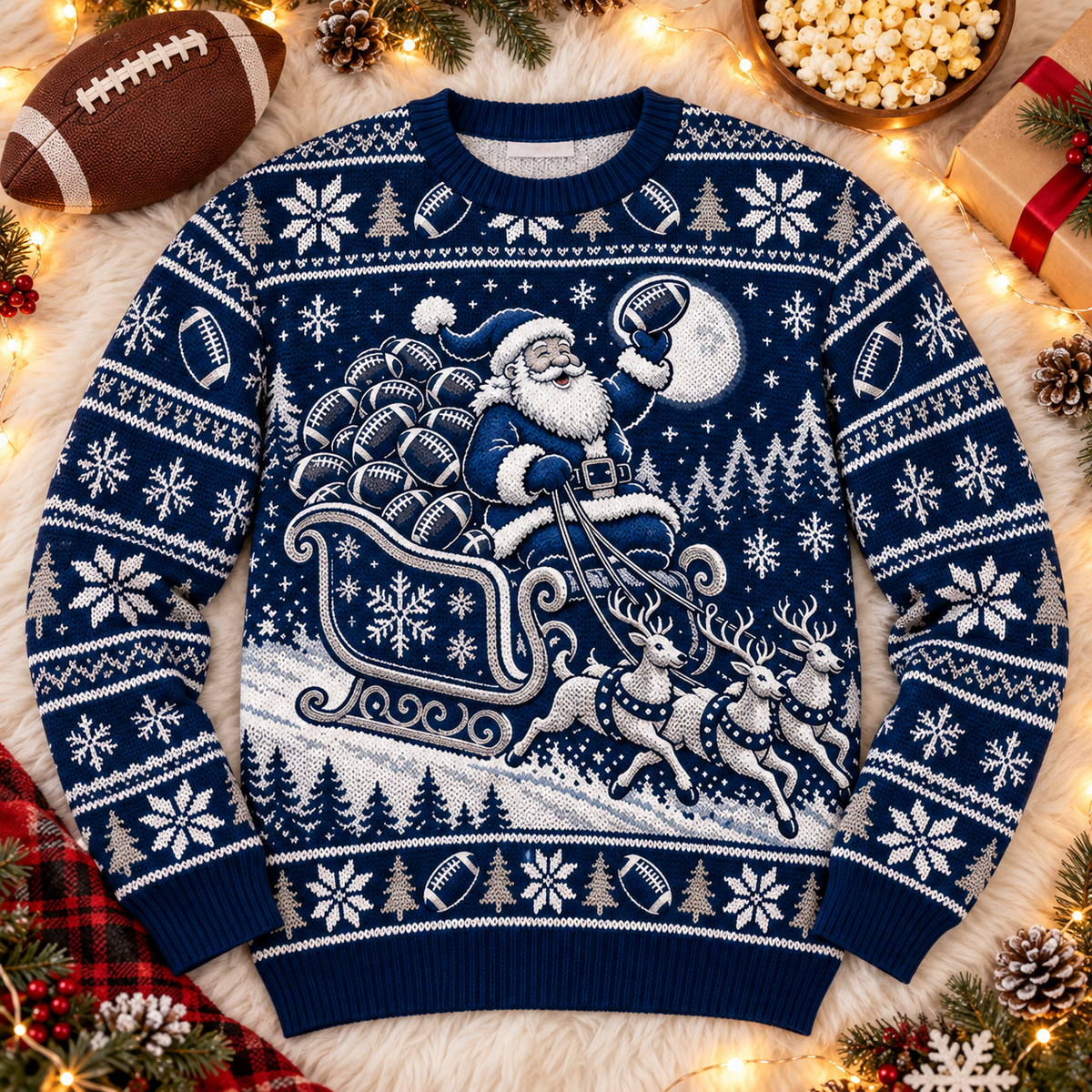 Santa Sleigh Full of Footballs football ugly Christmas sweater laid flat on a white faux-fur blanket with a football and popcorn