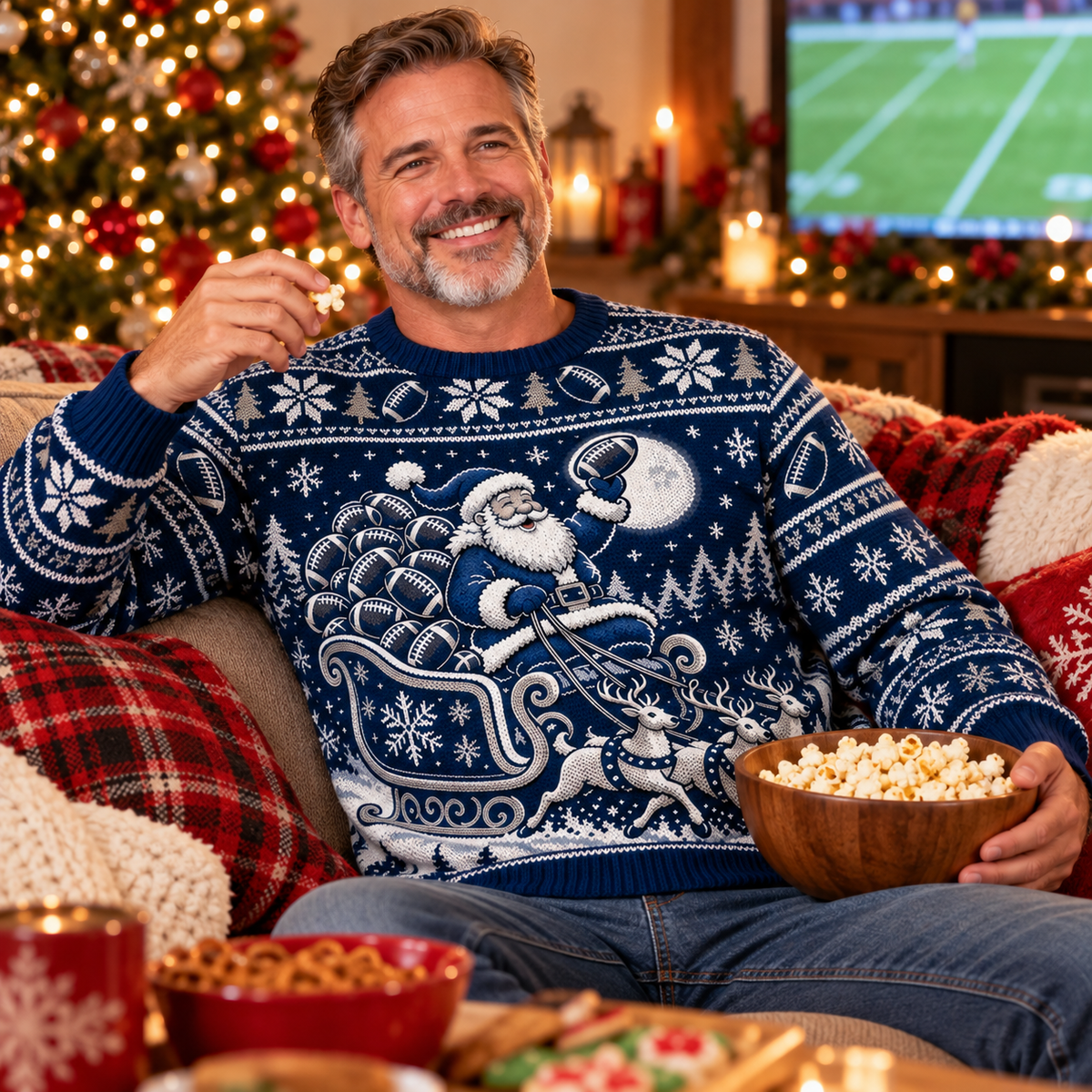 Man wearing the Santa Sleigh Full of Footballs sweater at a holiday game-day watch party