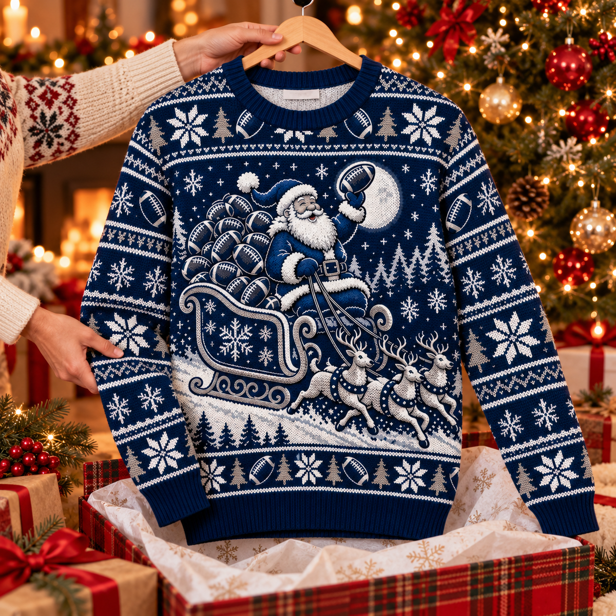 Santa Sleigh Full of Footballs ugly Christmas sweater on a wooden hanger above an opened gift box