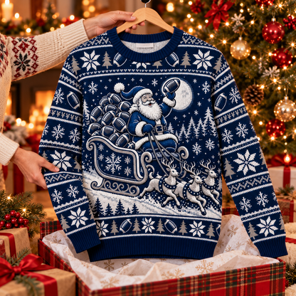 Santa Sleigh Full of Footballs ugly Christmas sweater on a wooden hanger above an opened gift box