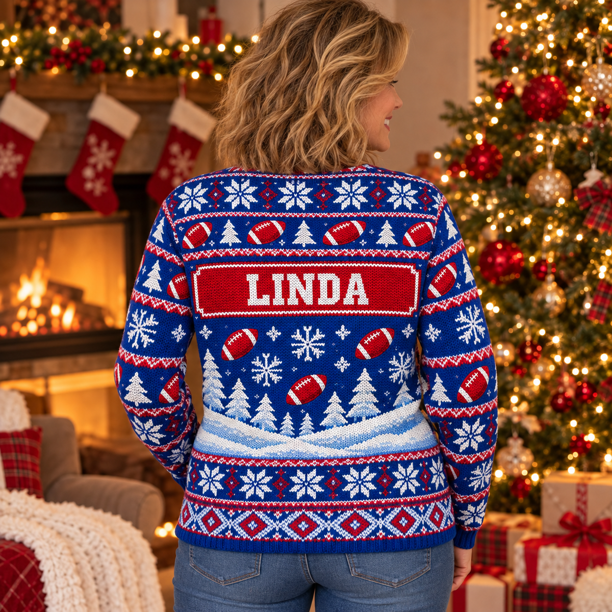 Back view of the Penguin Cheer Squad ugly Christmas sweater with the sample name LINDA on the nameplate