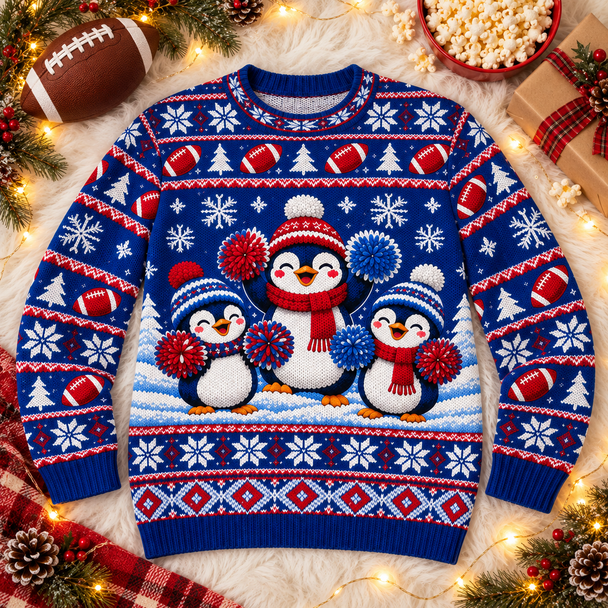 Penguin Cheer Squad football ugly Christmas sweater laid flat on a white faux-fur blanket with a football and popcorn