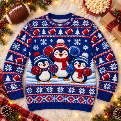Penguin Cheer Squad football ugly Christmas sweater laid flat on a white faux-fur blanket with a football and popcorn