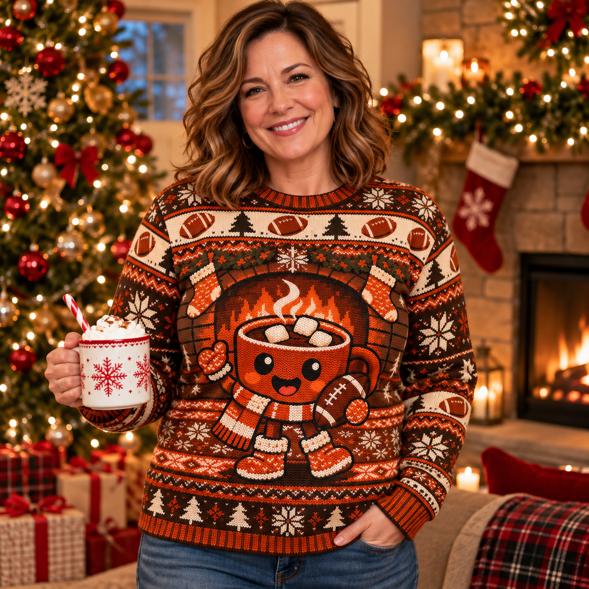 Woman wearing the Cocoa Mug Game Day football ugly Christmas sweater in a cozy Christmas living room