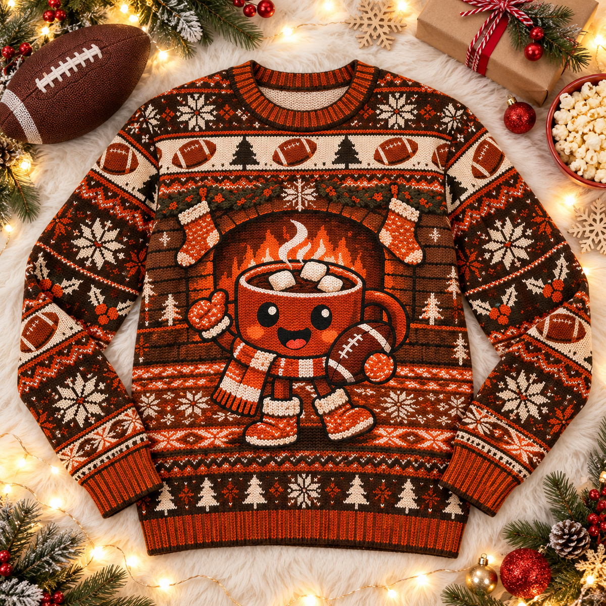 Cocoa Mug Game Day football ugly Christmas sweater laid flat on a white faux-fur blanket with a football and popcorn