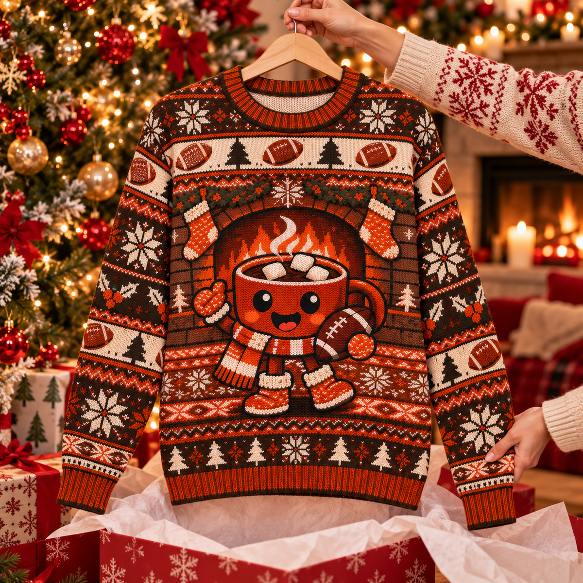 Cocoa Mug Game Day ugly Christmas sweater on a wooden hanger above an opened gift box