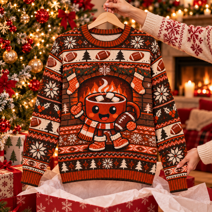Cocoa Mug Game Day ugly Christmas sweater on a wooden hanger above an opened gift box