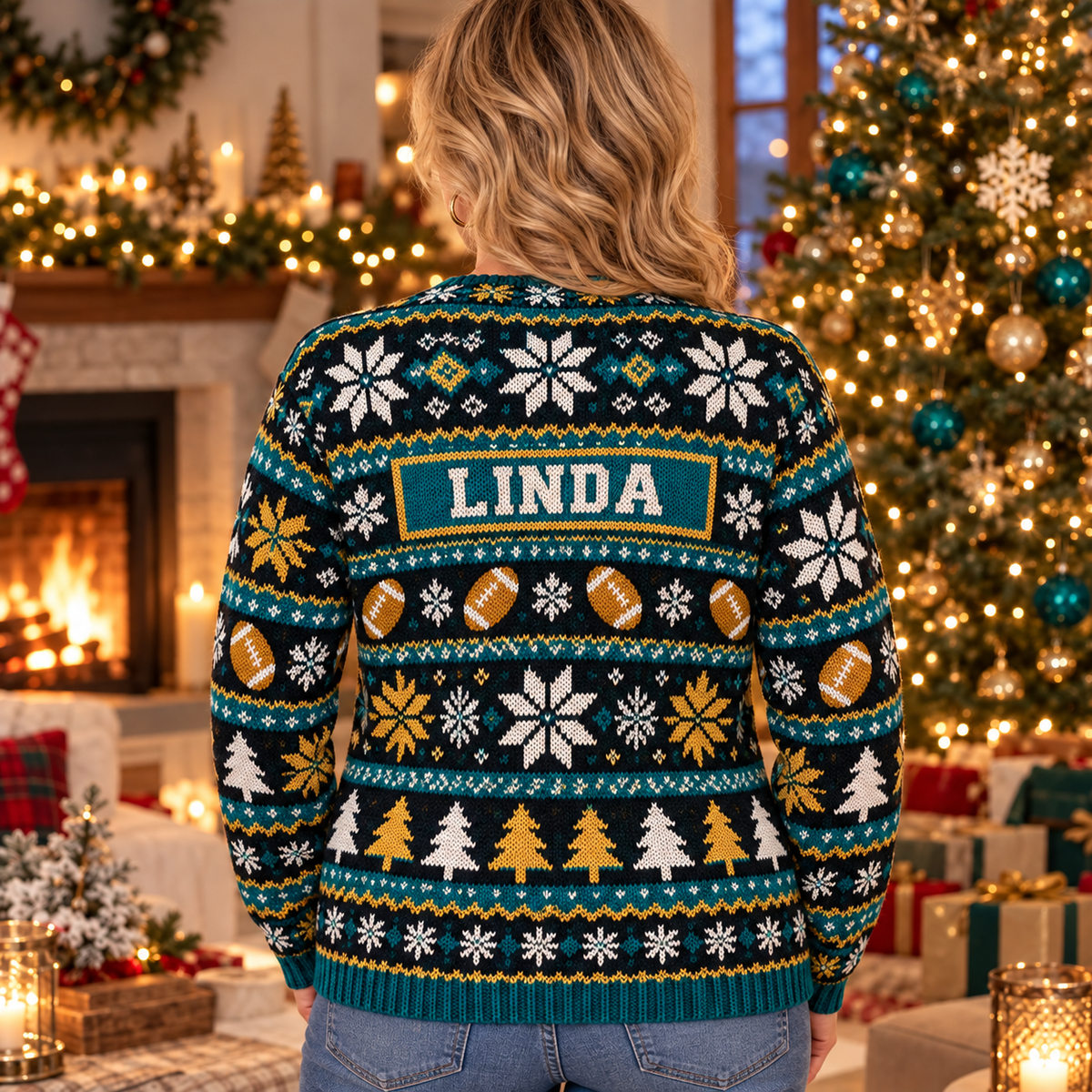 Back view of the Jingle Elf Fan ugly Christmas sweater with the sample name LINDA on the nameplate