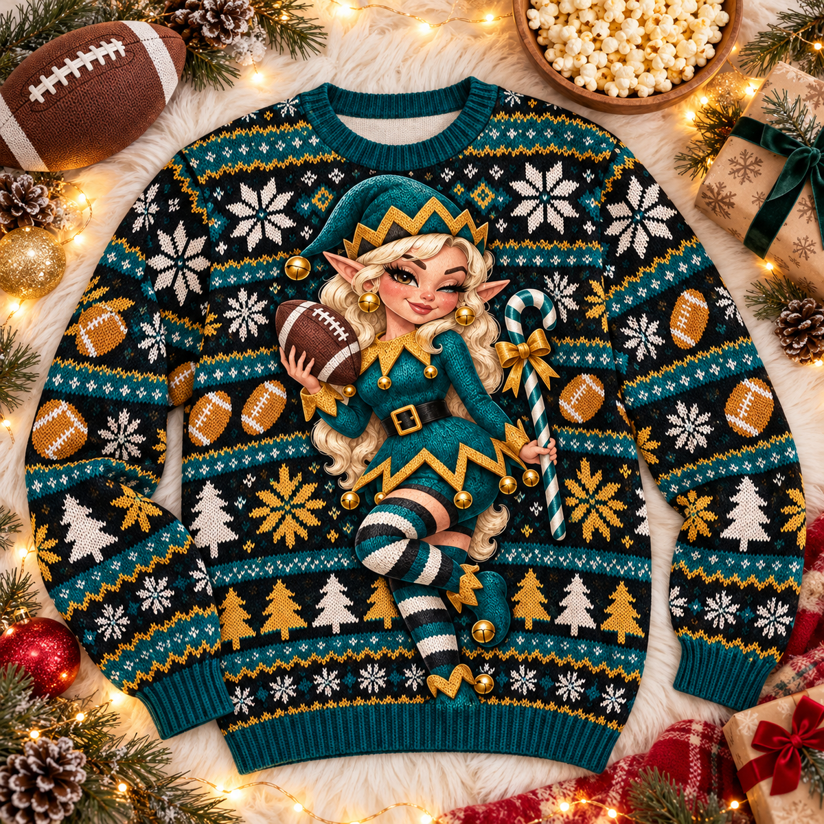 Jingle Elf Fan football ugly Christmas sweater laid flat on a white faux-fur blanket with a football and popcorn