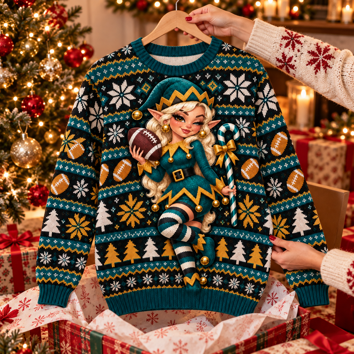 Jingle Elf Fan ugly Christmas sweater on a wooden hanger above an opened gift box