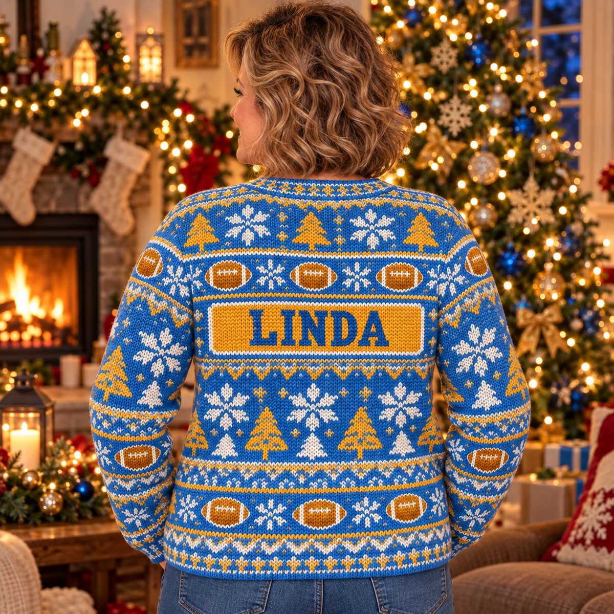 Back view of the Mrs. Claus Football Mom ugly Christmas sweater with the sample name LINDA on the nameplate