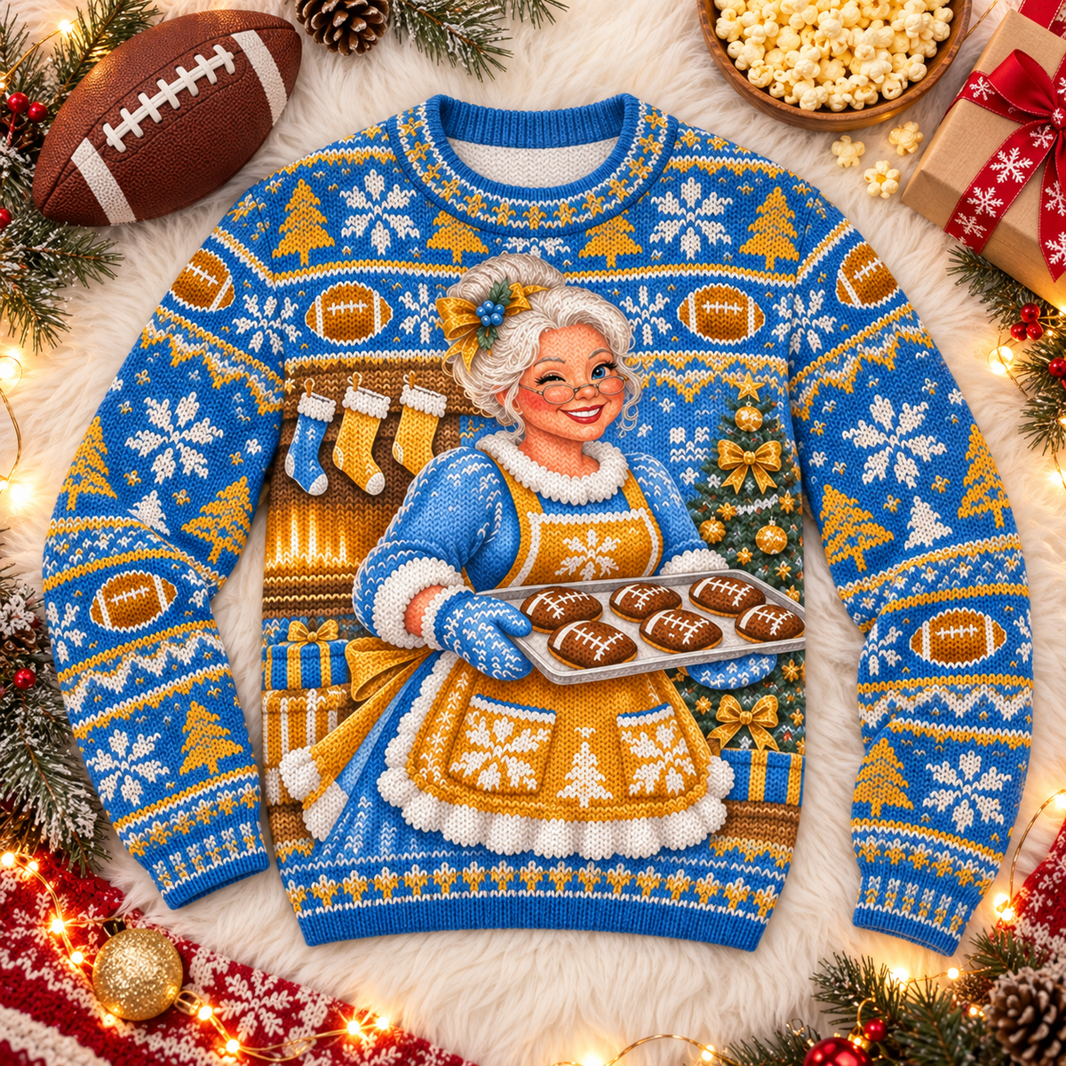 Mrs. Claus Football Mom ugly Christmas sweater laid flat on a white faux-fur blanket with a football and popcorn