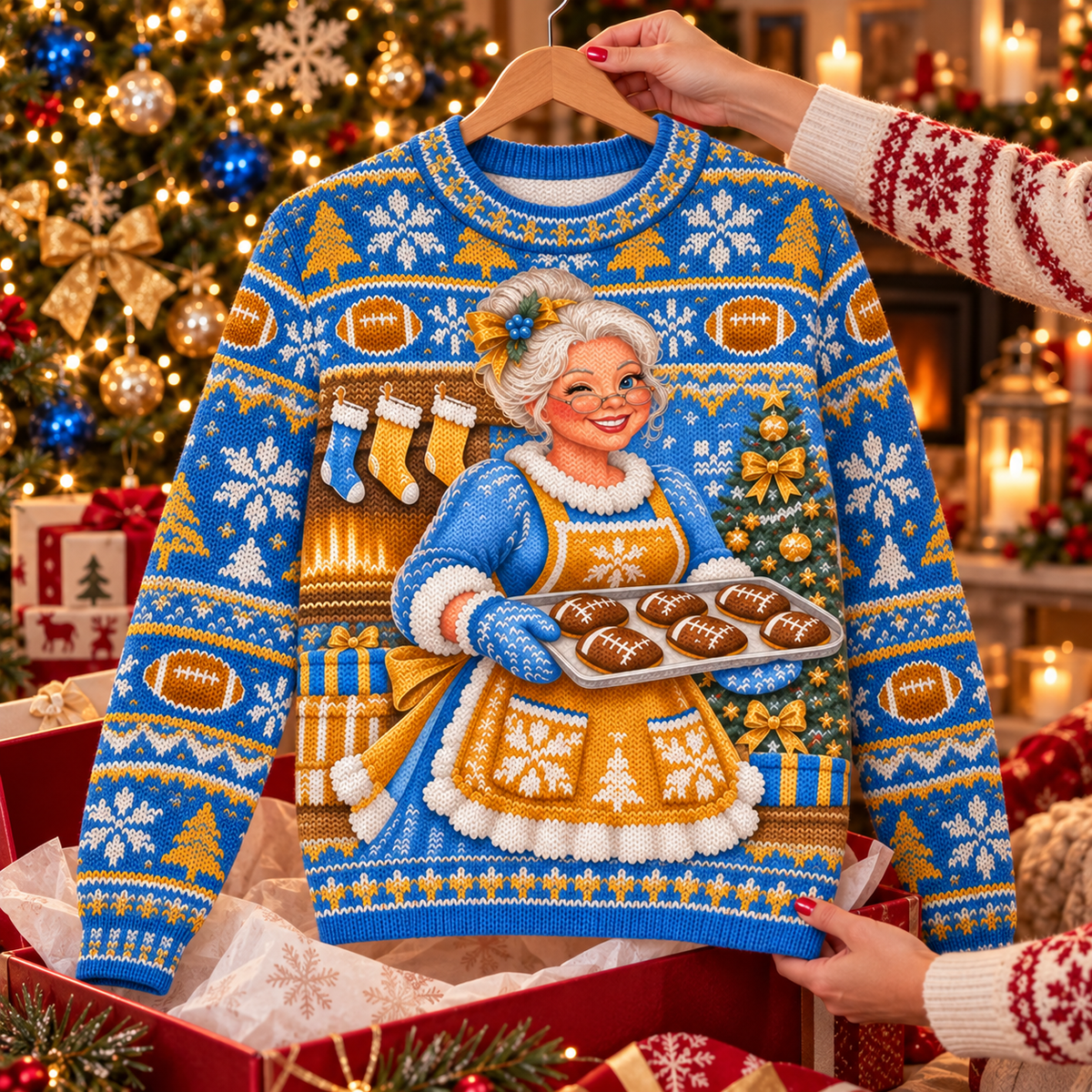 Mrs. Claus Football Mom ugly Christmas sweater on a wooden hanger above an opened gift box