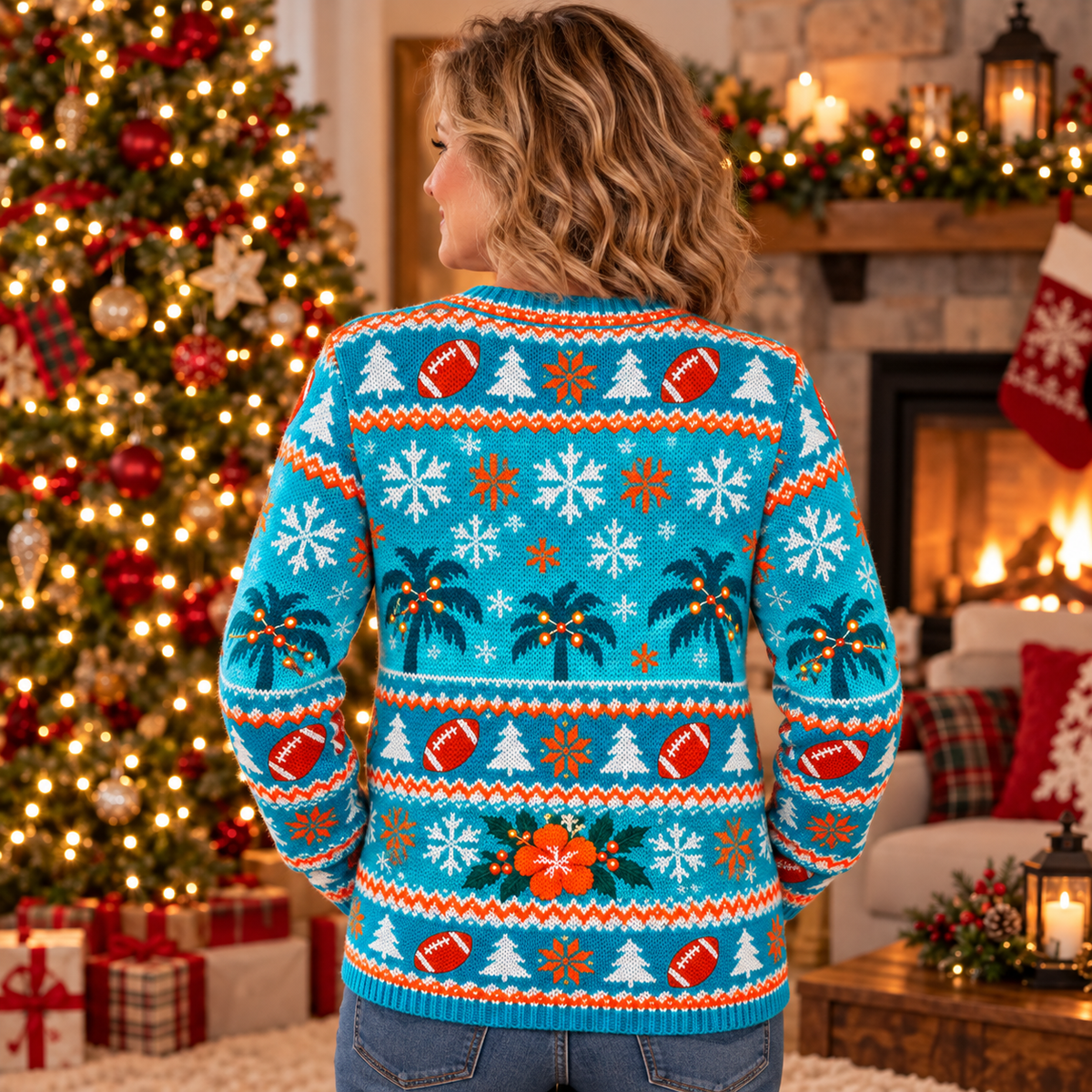 Back view of the Flamingo Santa ugly Christmas sweater