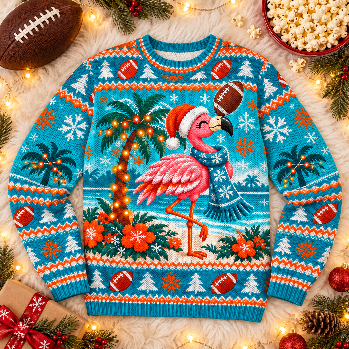 Flamingo Santa football ugly Christmas sweater laid flat on a white faux-fur blanket with a football and popcorn