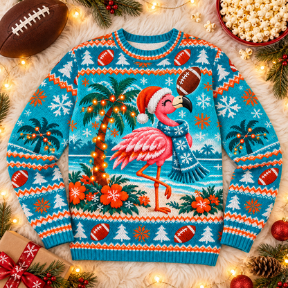 Flamingo Santa football ugly Christmas sweater laid flat on a white faux-fur blanket with a football and popcorn