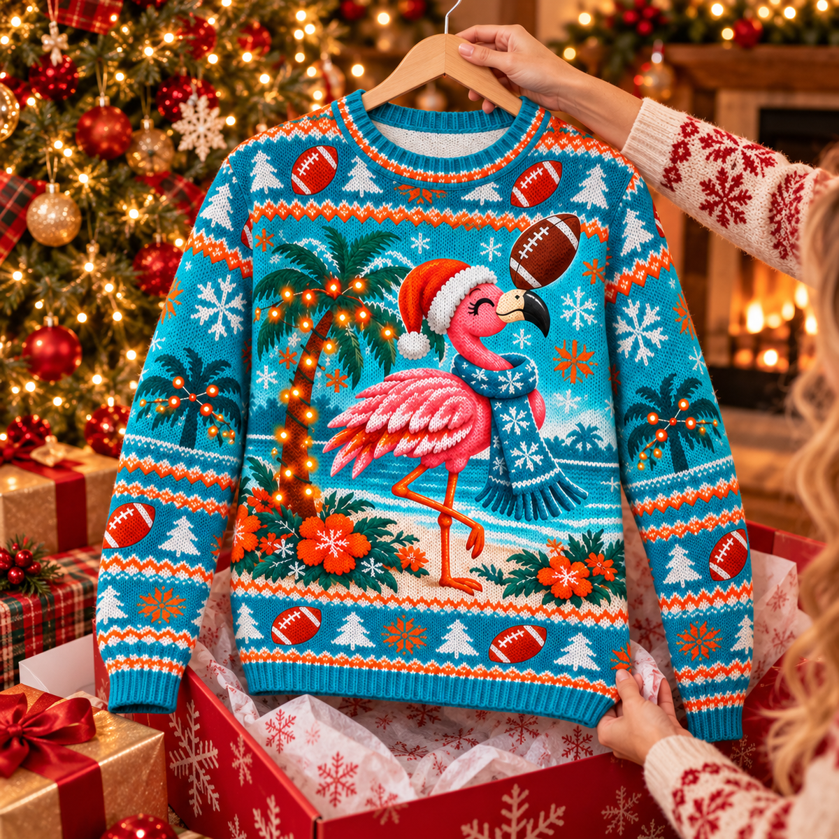 Flamingo Santa ugly Christmas sweater on a wooden hanger above an opened gift box