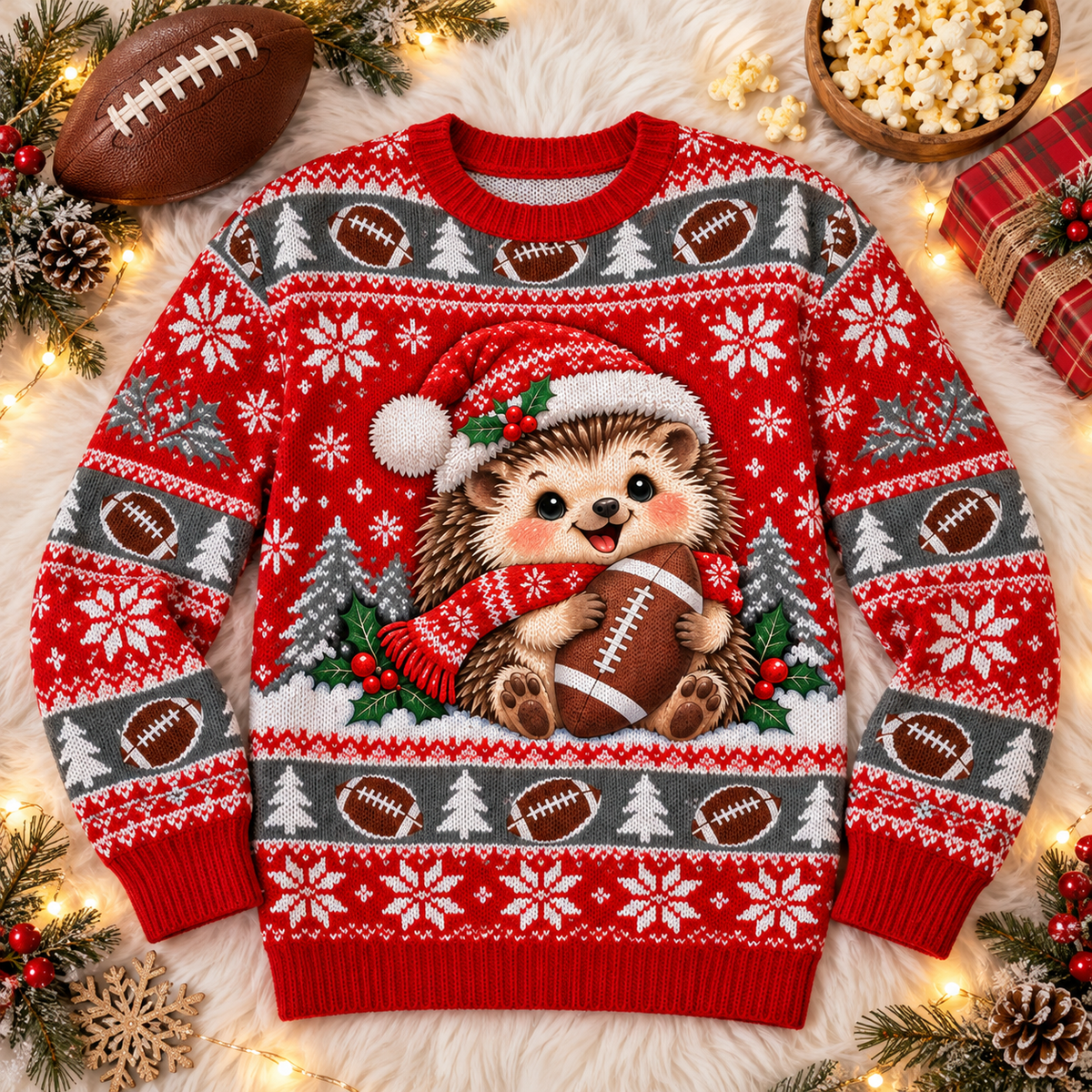 Hedgehog Holiday Huddle football ugly Christmas sweater laid flat on a white faux-fur blanket with a football and popcorn