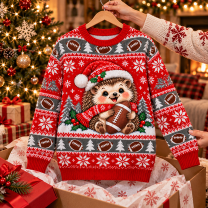 Hedgehog Holiday Huddle ugly Christmas sweater on a wooden hanger above an opened gift box