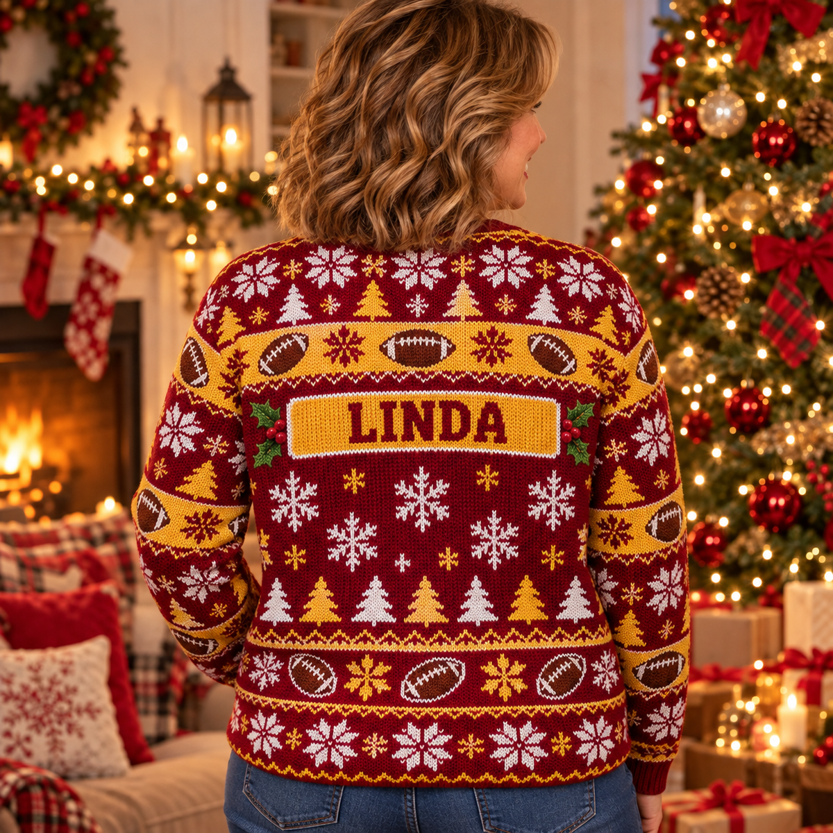 Back view of the Christmas Owl Fan ugly Christmas sweater with the sample name LINDA on the nameplate