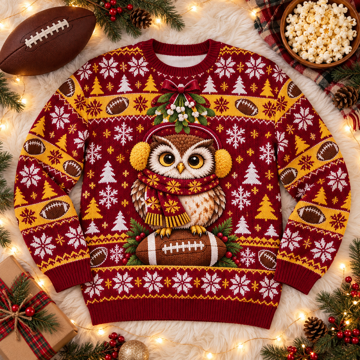 Christmas Owl Fan football ugly Christmas sweater laid flat on a white faux-fur blanket with a football and popcorn