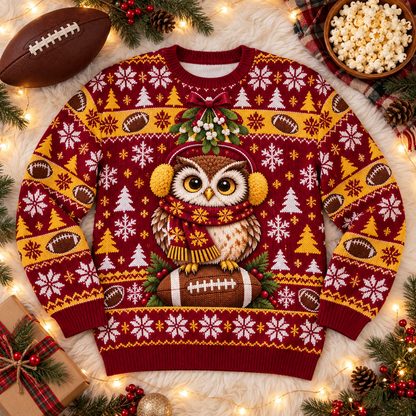 Christmas Owl Fan football ugly Christmas sweater laid flat on a white faux-fur blanket with a football and popcorn