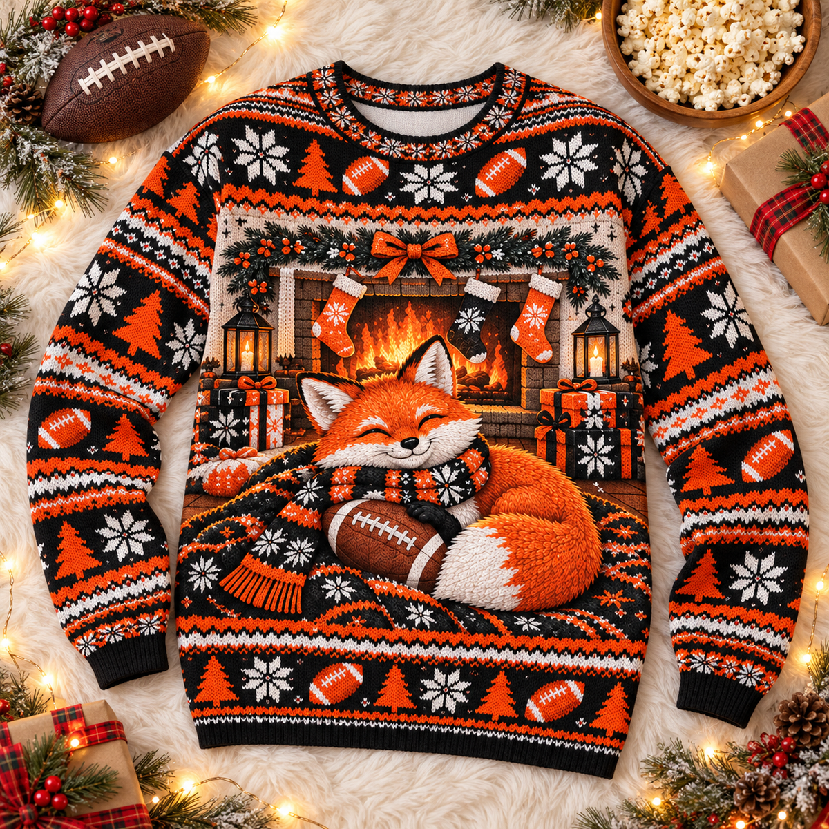 Fox Fireside Fan football ugly Christmas sweater laid flat on a white faux-fur blanket with a football and popcorn