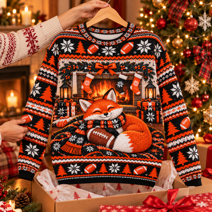 Fox Fireside Fan ugly Christmas sweater on a wooden hanger above an opened gift box