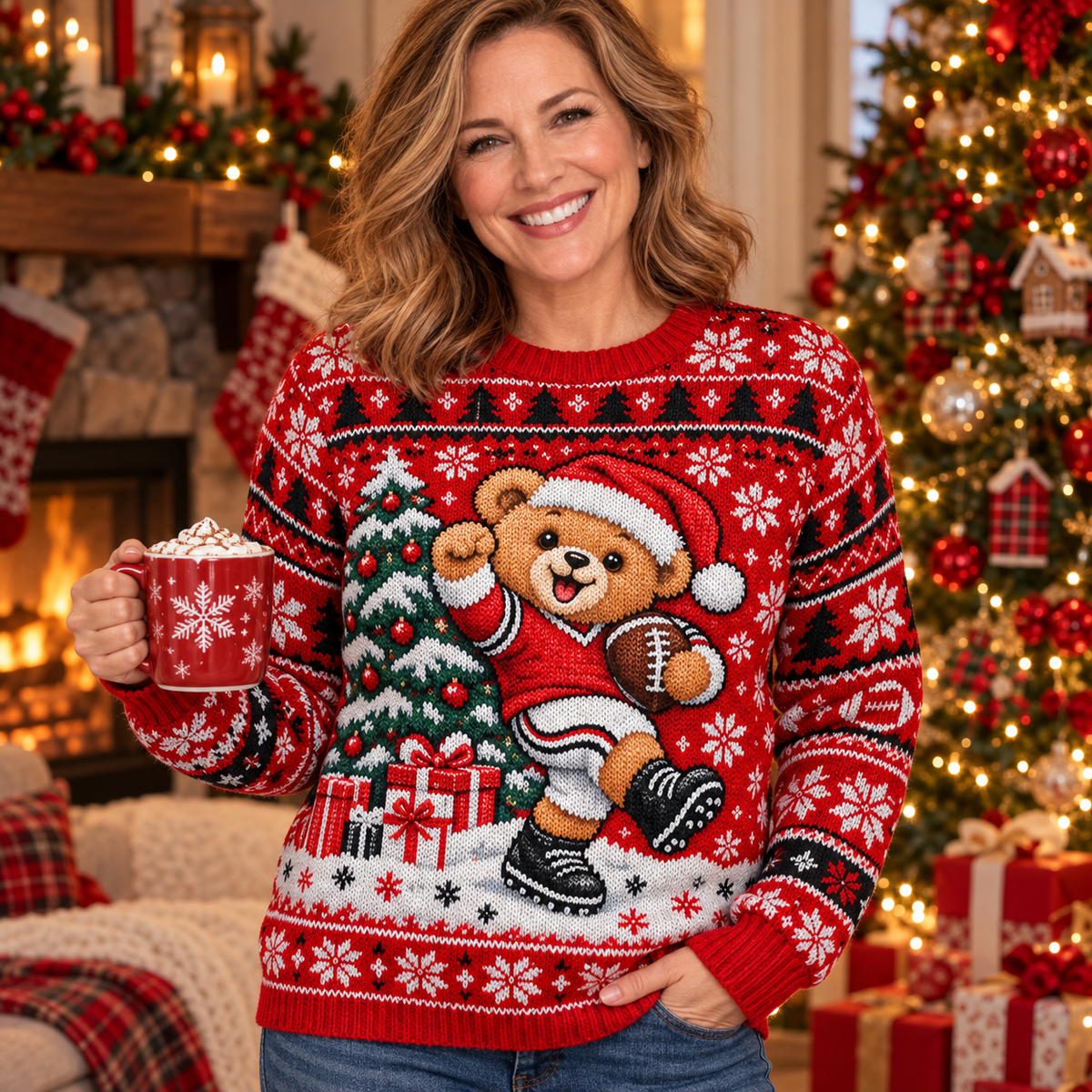 Woman wearing the Teddy Bear Touchdown football ugly Christmas sweater in a cozy Christmas living room