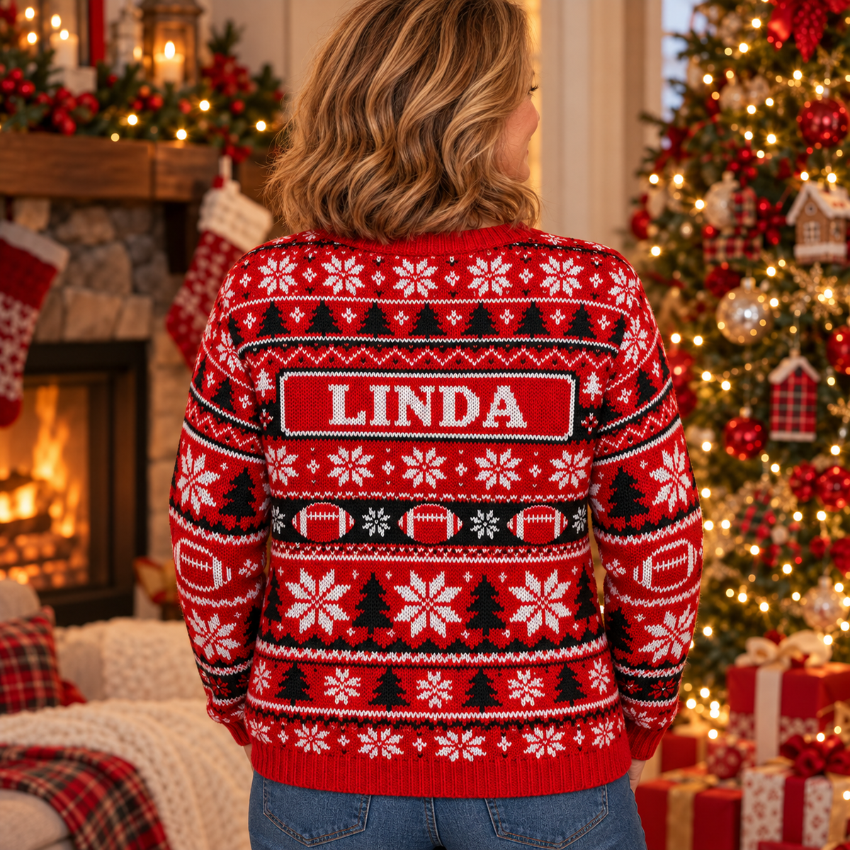 Back view of the Teddy Bear Touchdown ugly Christmas sweater with the sample name LINDA on the nameplate
