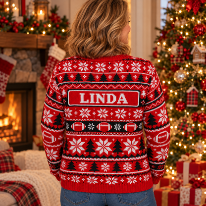 Back view of the Teddy Bear Touchdown ugly Christmas sweater with the sample name LINDA on the nameplate